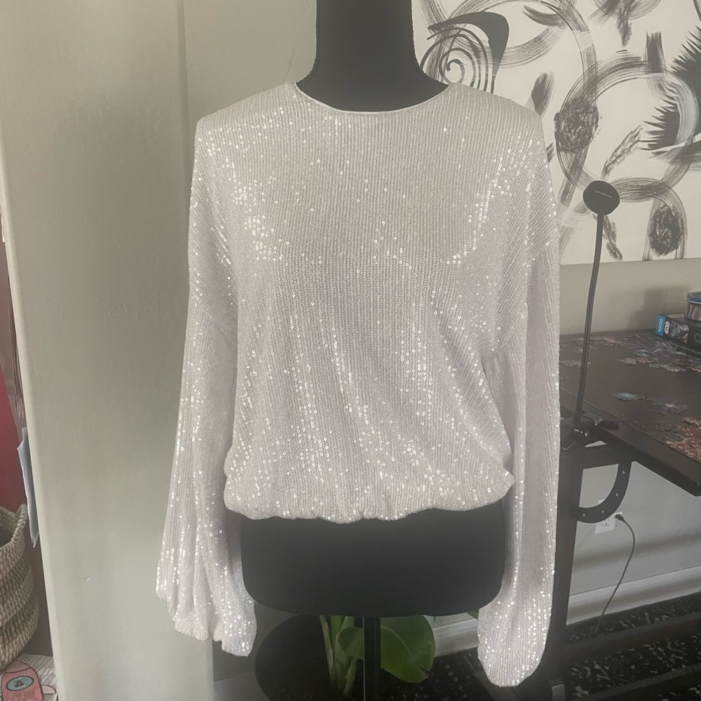 Show Me Your MuMu White Sequin Long Sleeve Blouse